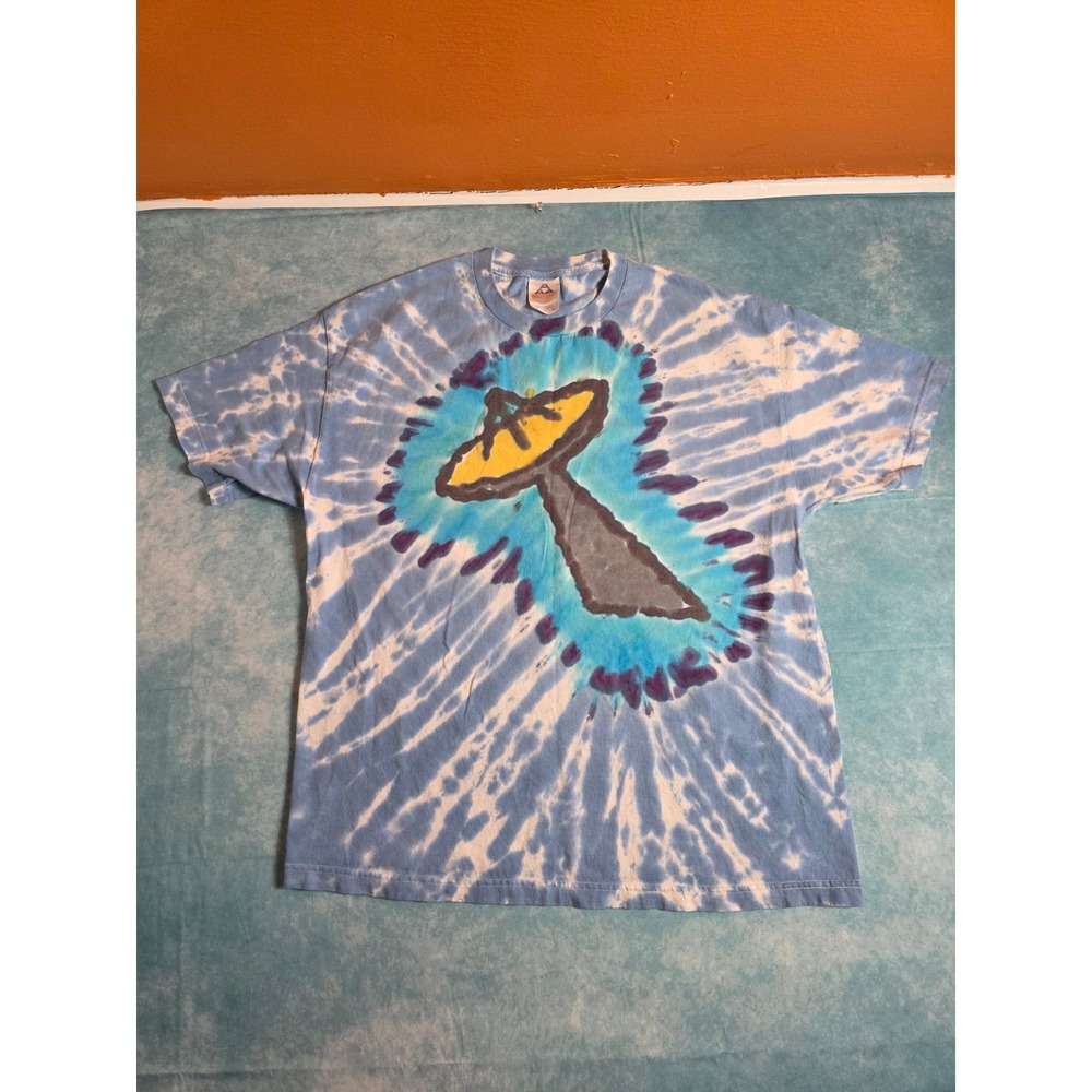 Alstyle Mens Blue Tie Dye UFO Graphic T-Shirt Short Sleeve Crewneck Tee Large